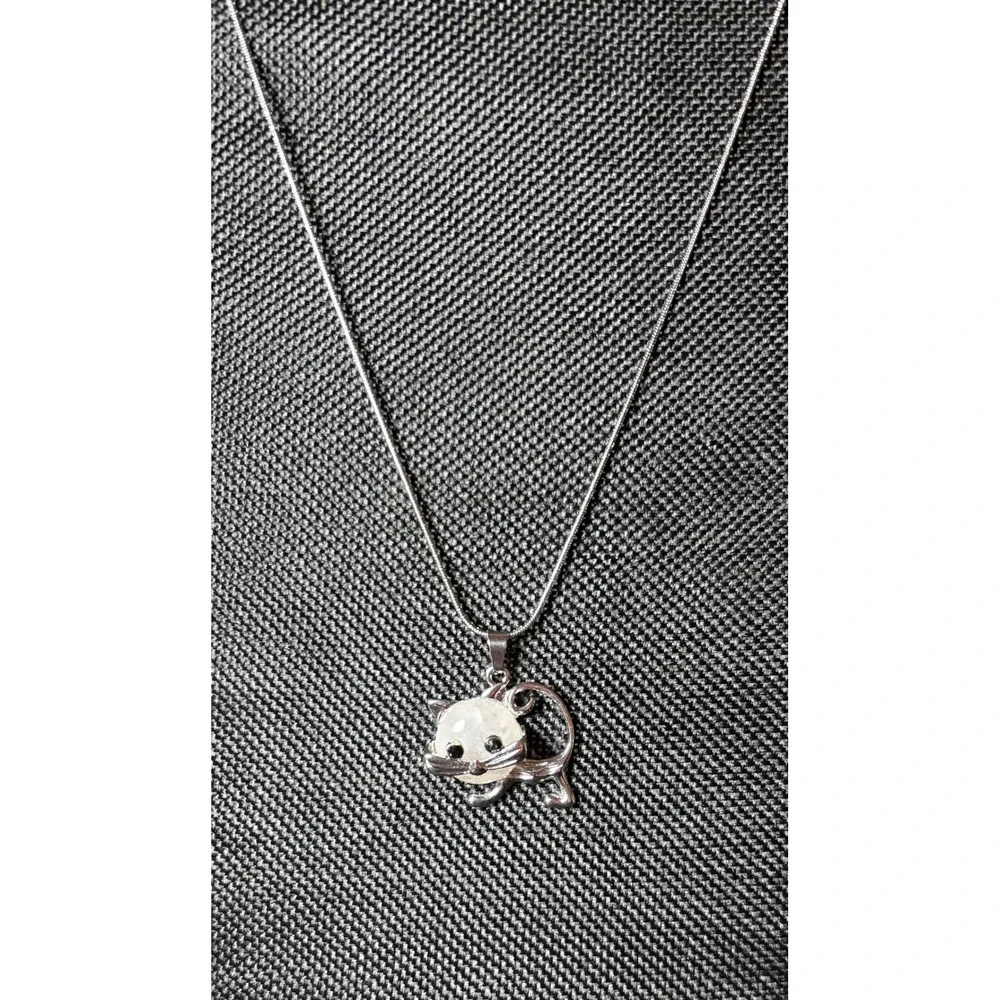 Silver Tone Cat Pendant Necklace White Stone Black Eyes Snake Chain Adjustable